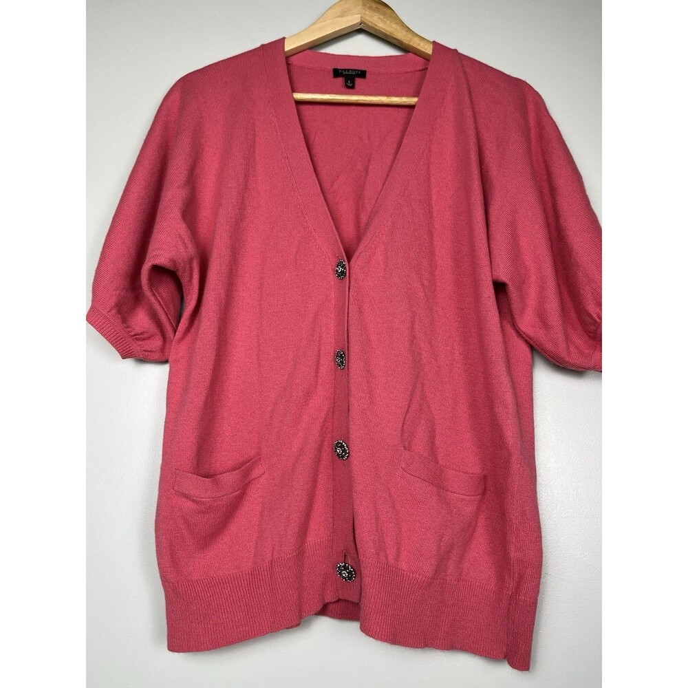 Talbots Sweater Sz L Salmon Pink Cardigan Rhinestone Wool Cotton Cashmere Preppy